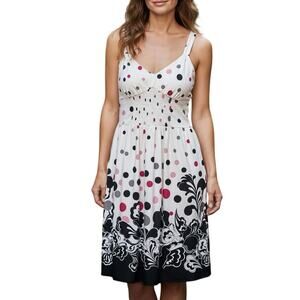 Dress Barn Polka Dot Floral Border Print Smocked Dress 10 Pink Black Sleeveless
